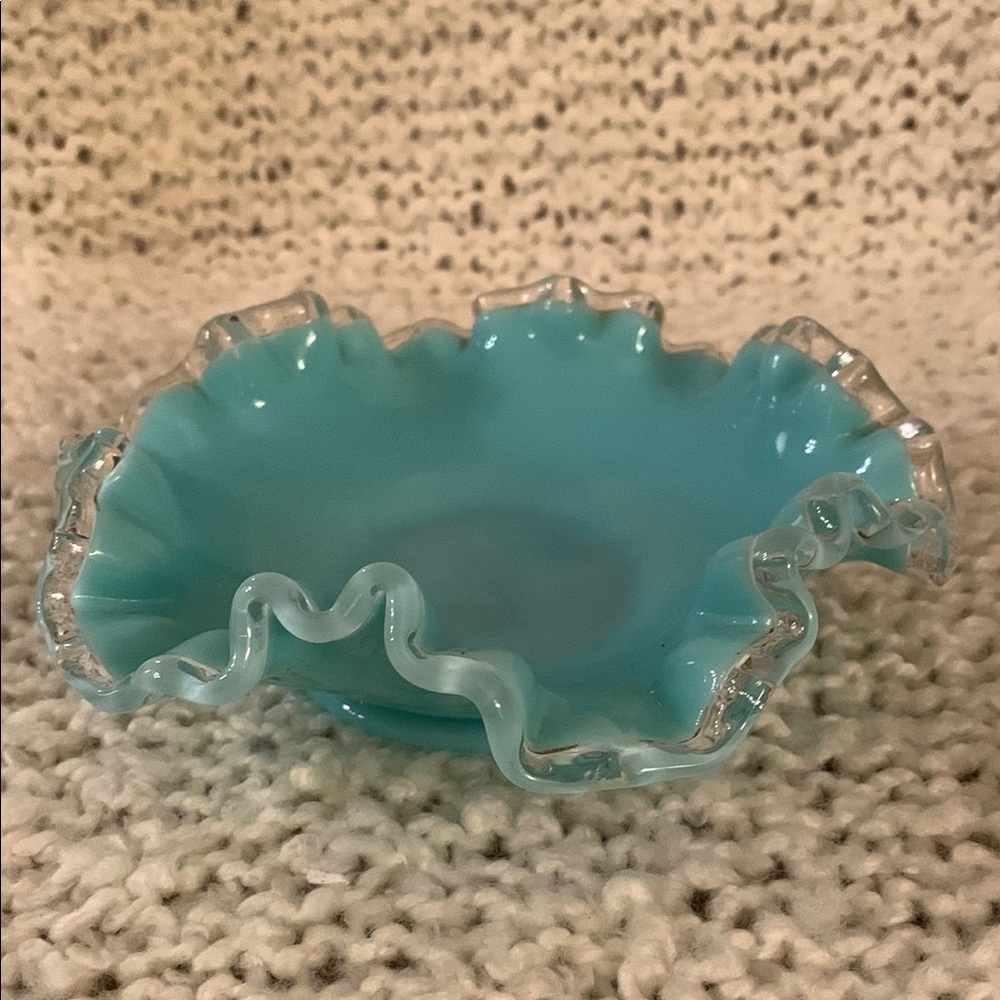 Vintage Silver Crested  Fenton Turquoise glass candy dish.